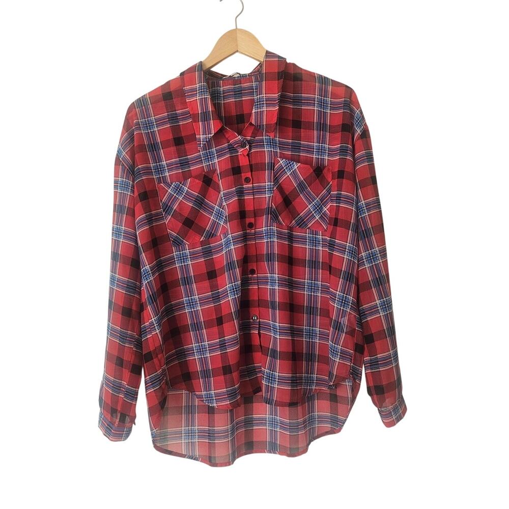 Umgee USA Sheer Plaid Blouse L Red Blue Grunge Western Lightweight High Low Hem